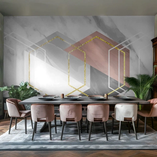 Fotomural Premium Canvas - Figuras geométricas con acentos dorados y de mármol. - 100x70cm - Composición en cadena - Decoración de pared moderna para salón y dormitorio ARTTOR