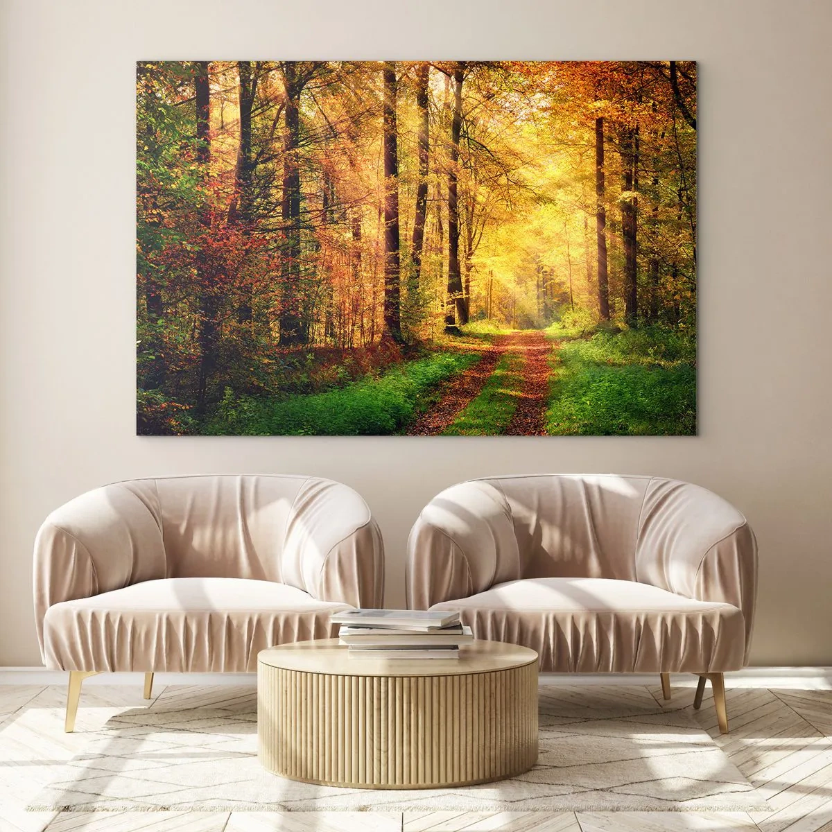 Cuadro sobre vidrio - Impresiones sobre Vidrio - Camino otoñal en el bosque con rayos de sol. - 100x70cm - Silencio dorado del bosque - Decoración de pared moderna para salón y dormitorio ARTTOR