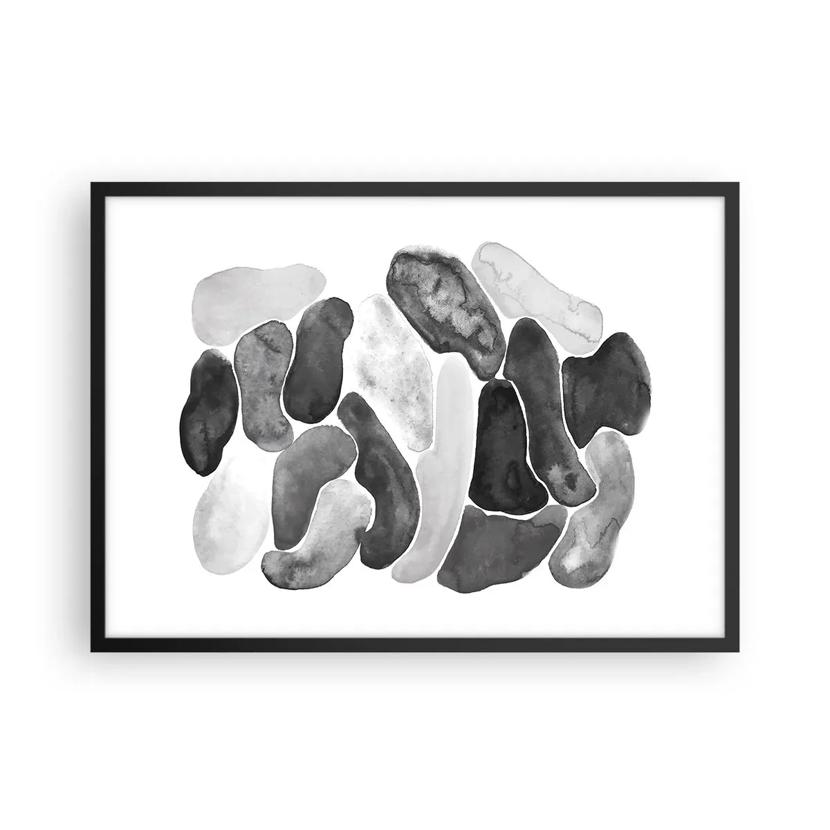 Póster en marco negro - Abstracción en blanco y negro con manchas irregulares sobre un fondo blanco. - 70x50cm - Abstracción pétrea - Decoración de pared moderna para salón y dormitorio ARTTOR
