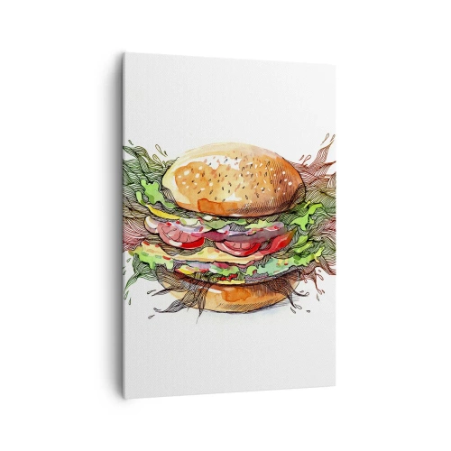 Cuadro sobre lienzo - Impresión de Imagen - Ilustración artística de una hamburguesa con elementos dinámicos. - 70x100cm - Tentación irresistible - Decoración de pared moderna para salón y dormitorio ARTTOR