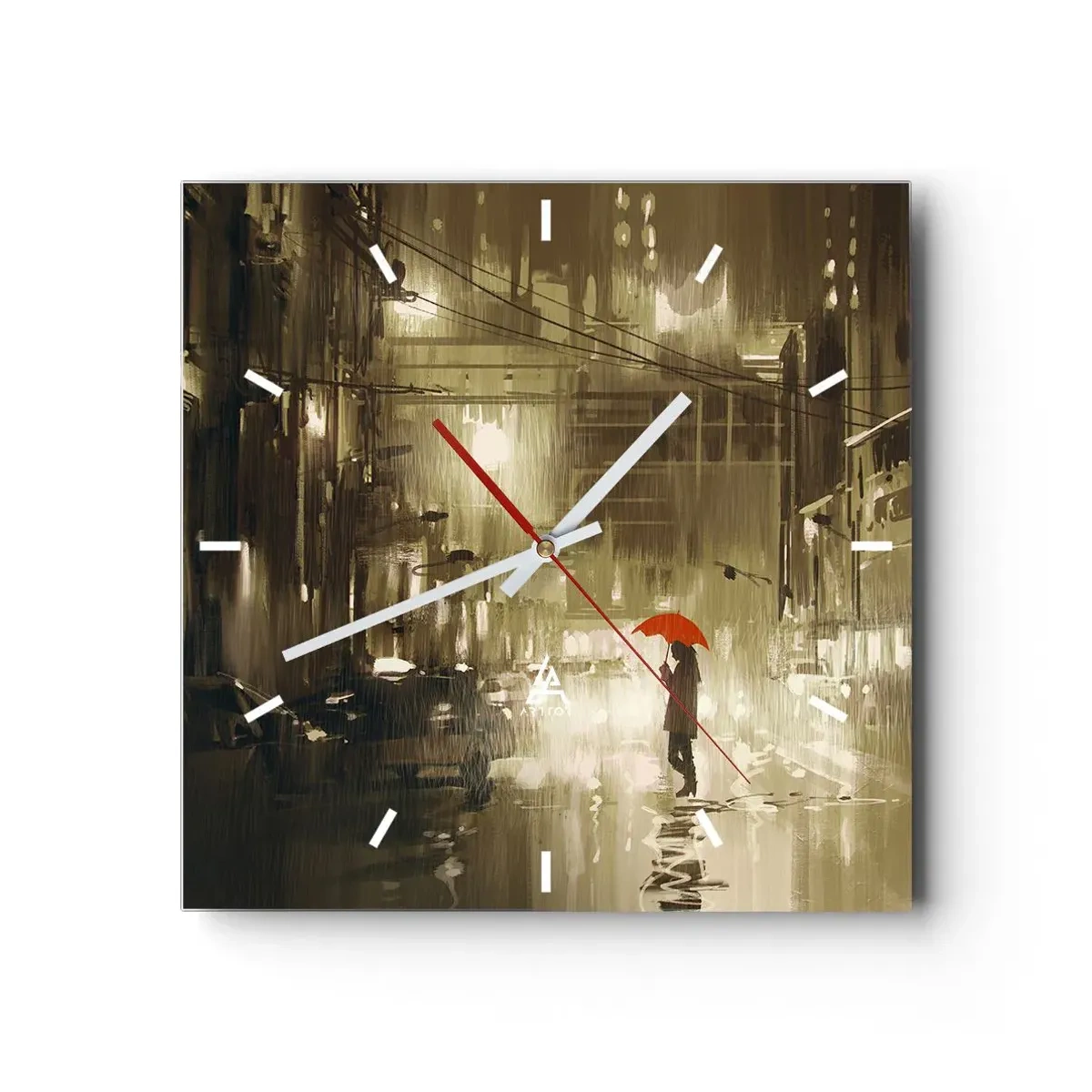 Reloj de pared - Reloj de vidrio - Una figura con un paraguas rojo en una ciudad lluviosa. - 30x30cm - Soledad en la urbe - Decoración de pared moderna para salón y dormitorio ARTTOR