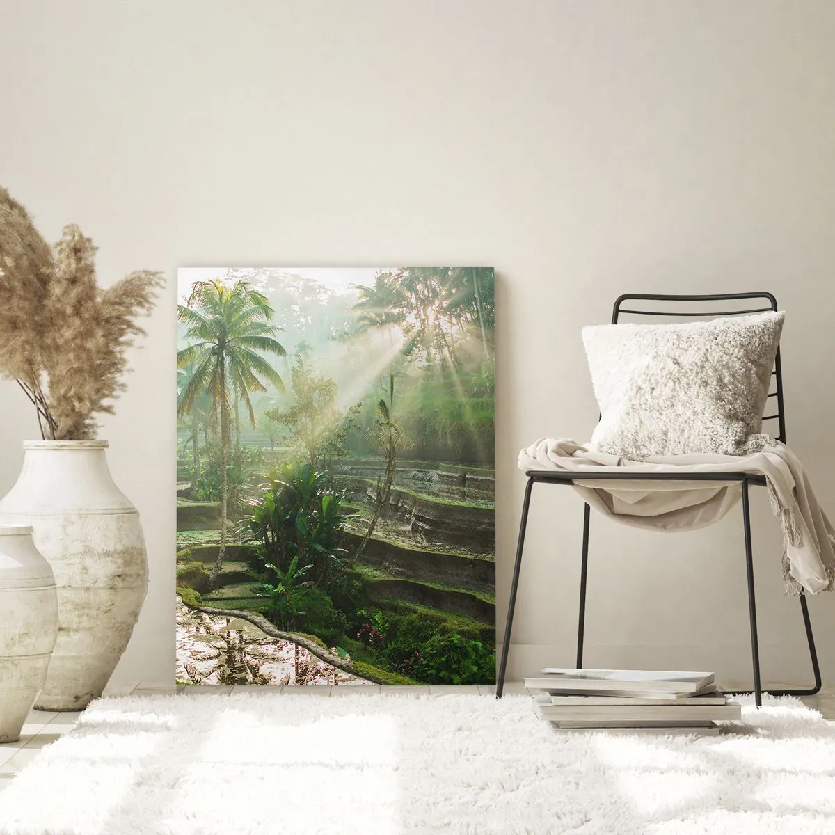 Cuadro sobre vidrio - Impresiones sobre Vidrio - Terrazas de arroz con palmeras bajo los rayos del sol - 80x120cm - Crecer bajo el sol - Decoración de pared moderna para salón y dormitorio ARTTOR