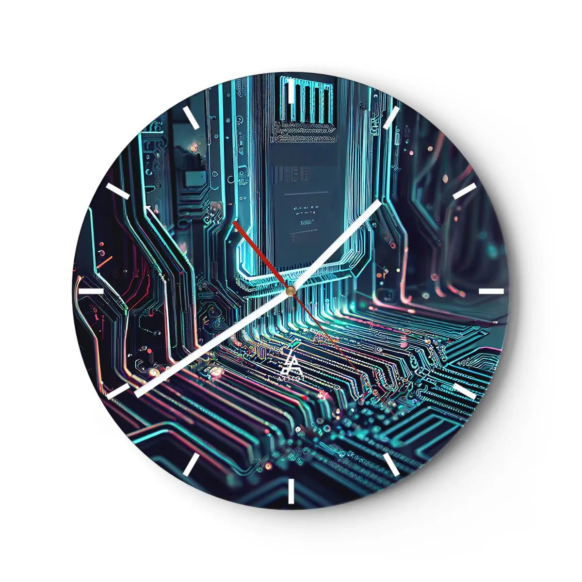 Reloj de pared - Reloj de vidrio - Primer plano de un circuito integrado de estilo futurista y neón. - 30x30cm - Mi forma de pensar - Decoración de pared moderna para salón, cocina y dormitorio ARTTOR