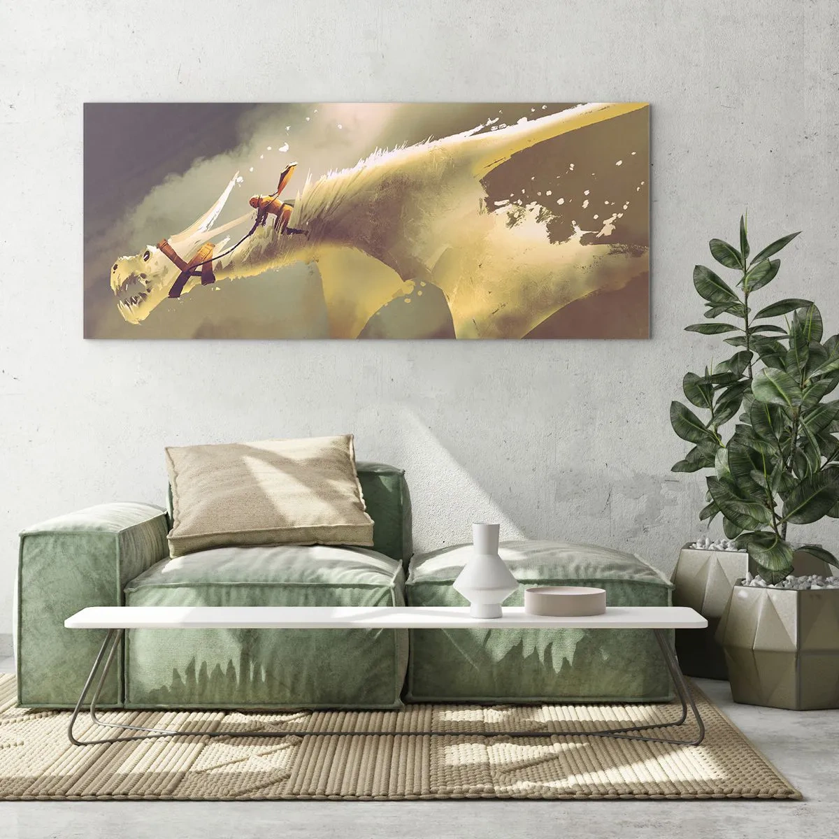 Cuadro sobre vidrio - Impresiones sobre Vidrio - Ilustración de un jinete de dragón en un paisaje de nubes de fantasía - 160x50cm - Al rescate - Decoración de pared moderna para salón y dormitorio ARTTOR