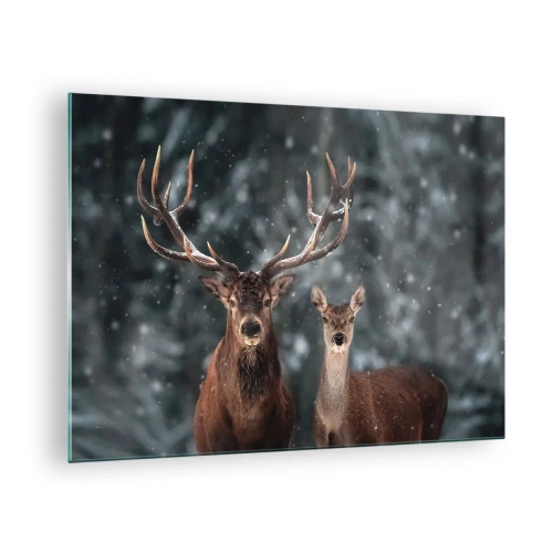 Cuadro sobre vidrio - Impresiones sobre Vidrio - Un ciervo y una cierva en un bosque invernal cubierto de nieve. - 70x50cm - El señor y la señora del bosque - Decoración de pared moderna para salón y dormitorio ARTTOR