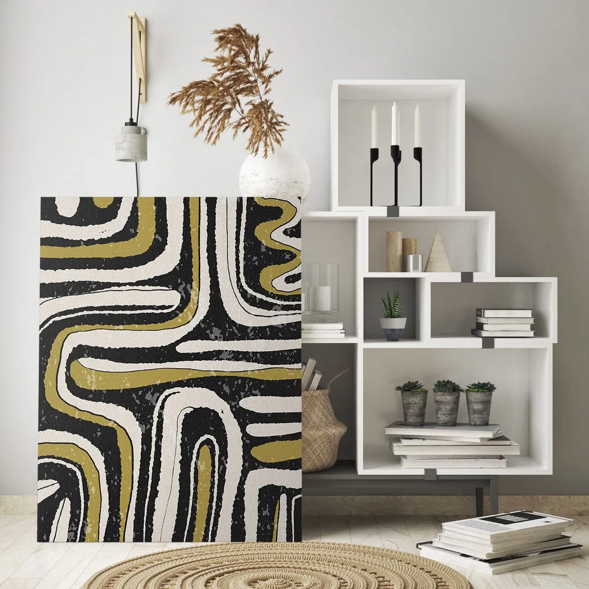 Cuadro sobre vidrio - Impresiones sobre Vidrio - Patrón abstracto en negro, blanco y dorado. - 80x120cm - Composición: tramos y callejones - Decoración de pared moderna para salón y dormitorio ARTTOR