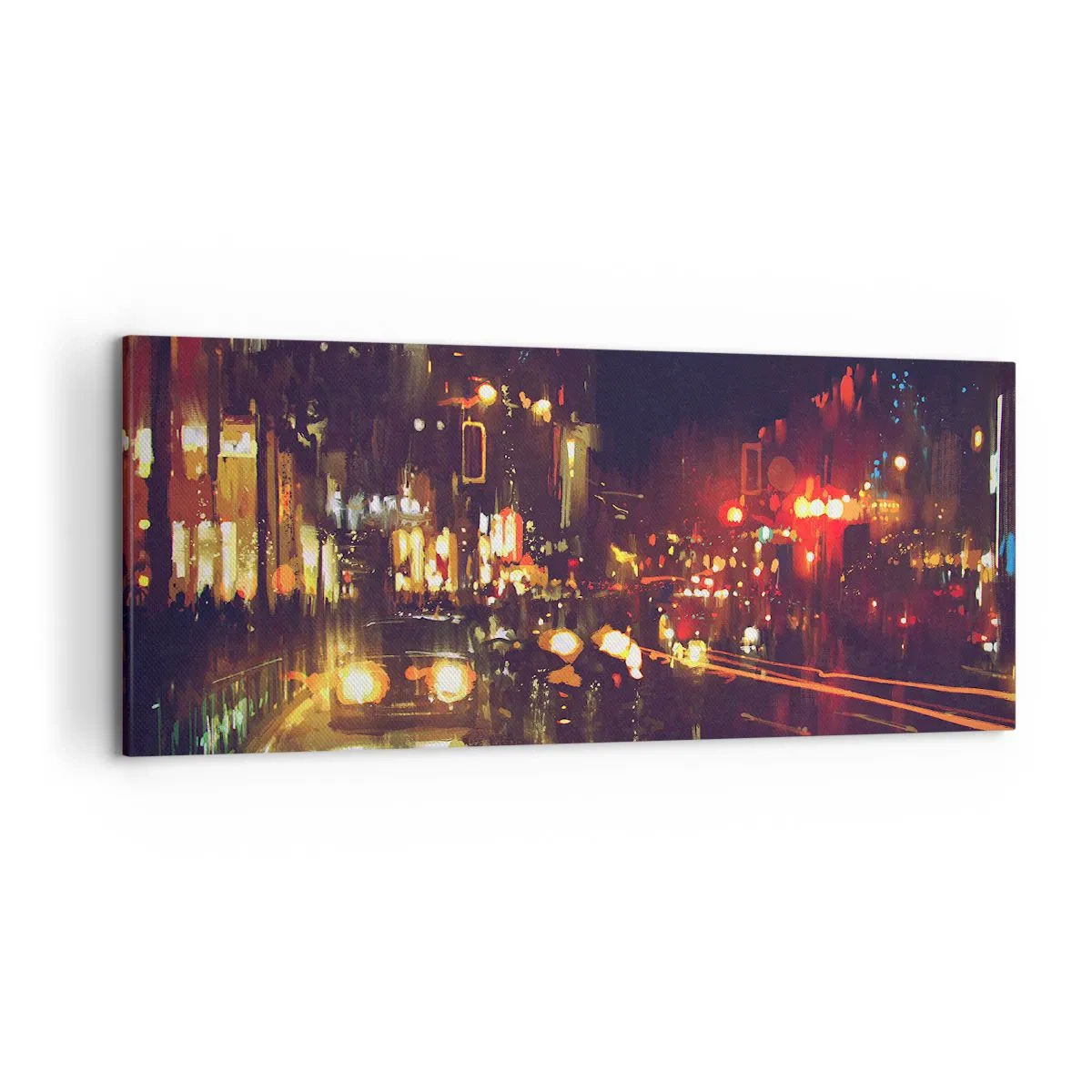 Cuadro sobre lienzo - Impresión de Imagen - Escena nocturna de la ciudad con luces de colores y reflejos en la calle. - 120x50cm - Hundido en la luz de la noche - Decoración de pared moderna para salón y dormitorio ARTTOR