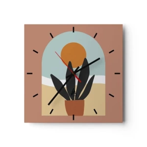 Reloj de pared - Reloj de vidrio - Una planta negra en una maceta contra el sol. - 30x30cm - Pequeñas alegrías - Decoración de pared moderna para salón y dormitorio ARTTOR