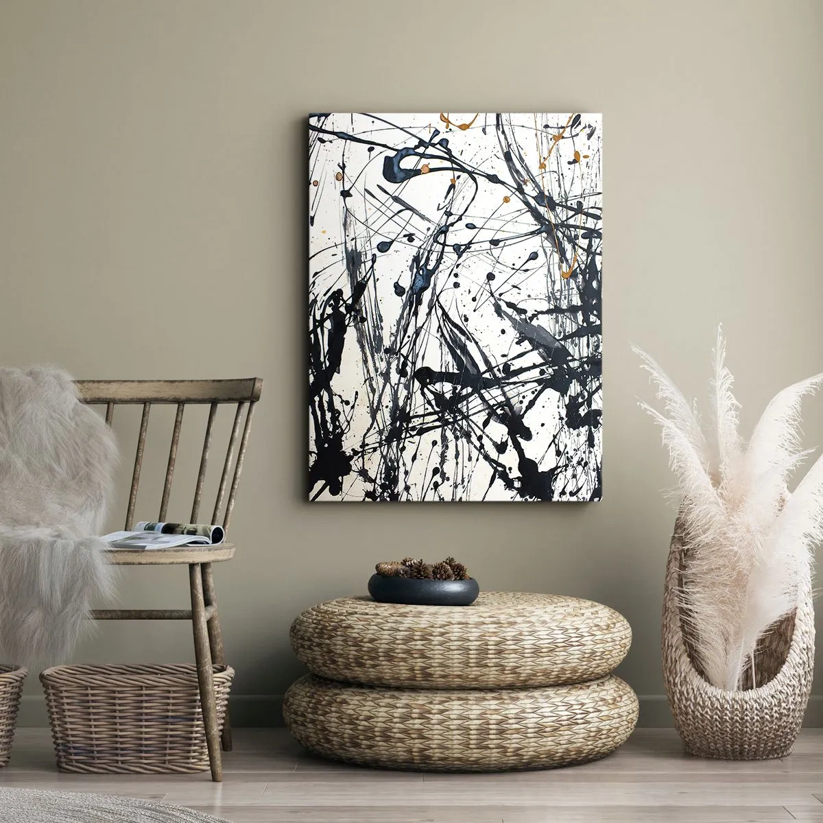 Cuadro sobre lienzo - Impresión de Imagen - Una pintura abstracta con salpicaduras de pintura en patrones dinámicos. - 50x70cm - Abstracción expresionista - Decoración de pared moderna para salón y dormitorio ARTTOR