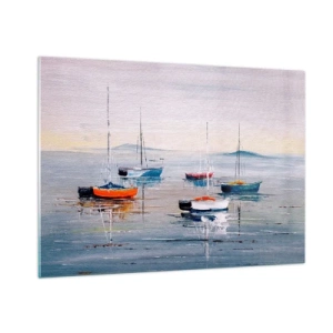 Cuadro sobre vidrio - Impresiones sobre Vidrio - Barcos coloridos a la deriva en las tranquilas aguas al atardecer - 100x70cm - Un más que merecido descanso - Decoración de pared moderna para salón y dormitorio ARTTOR