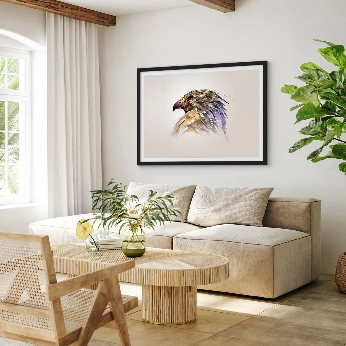 Póster en marco negro - Retrato artístico de un águila en tonos pastel. - 70x50cm - Retrato de un guerrero - Decoración de pared moderna para salón y dormitorio ARTTOR