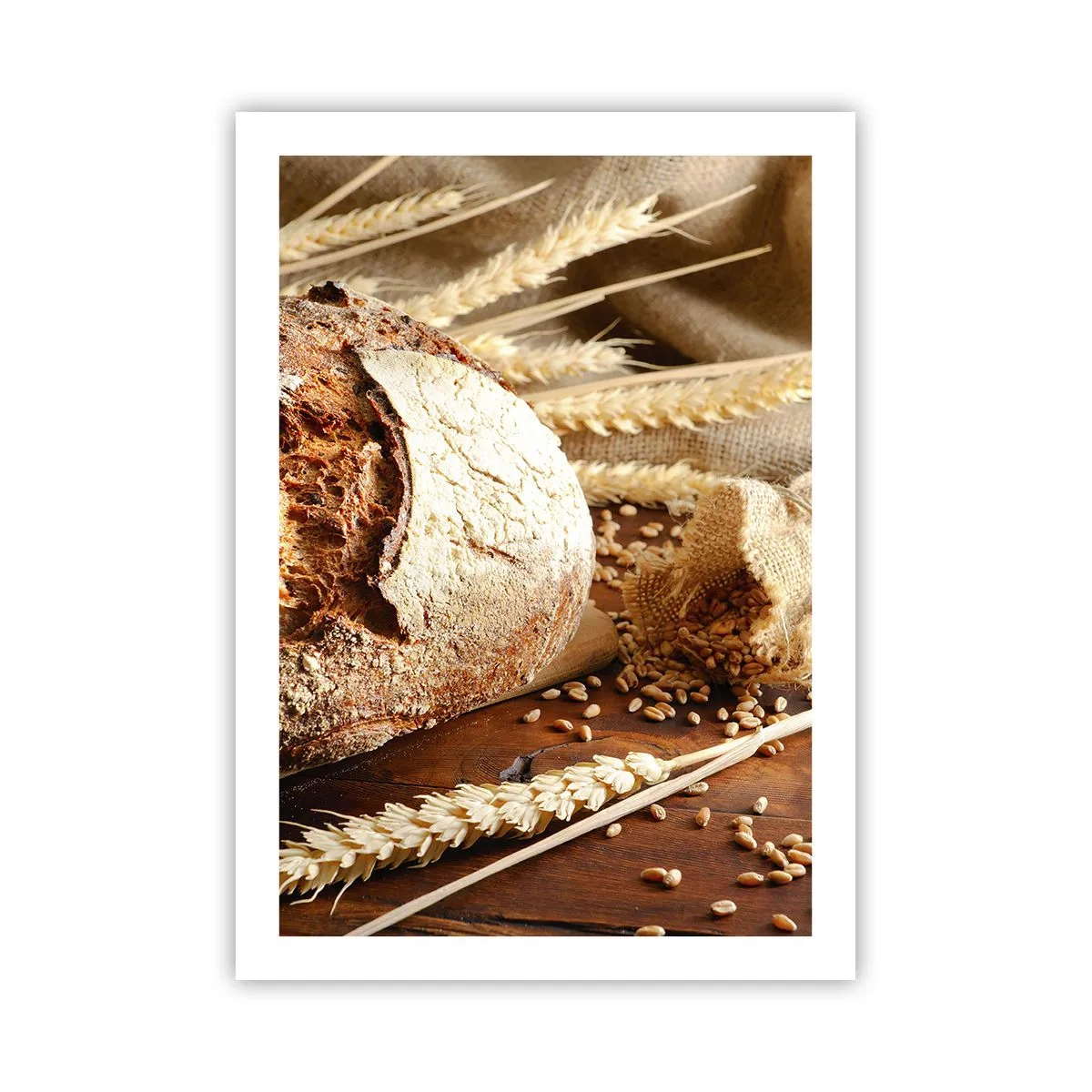 Póster - Pan sobre una mesa de madera con espigas de trigo - 50x70cm - Apetitoso, fragante, crujiente - Decoración de pared moderna para salón y dormitorio ARTTOR