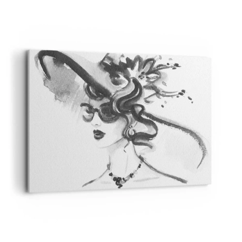Cuadro sobre lienzo - Impresión de Imagen - Mujer elegante con sombrero en estilo blanco y negro - 120x80cm - Una dama con carácter - Decoración de pared moderna para salón y dormitorio ARTTOR