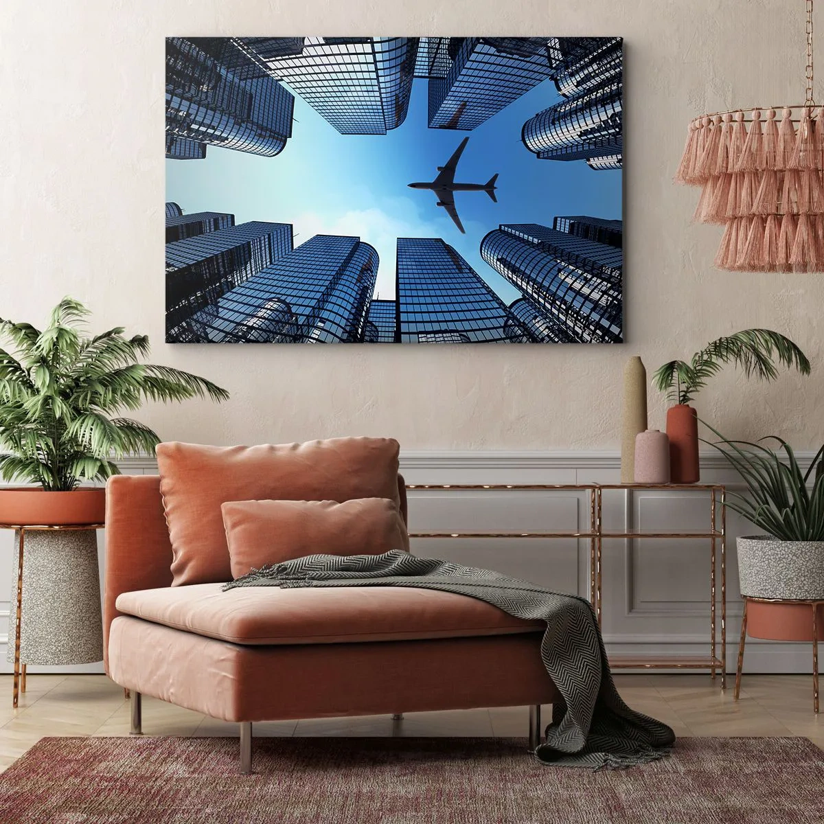 Cuadro sobre lienzo - Impresión de Imagen - Un avión volando sobre modernos rascacielos en el centro de la ciudad. - 70x50cm - La vista desde el abismo de cristal - Decoración de pared moderna para salón y dormitorio ARTTOR