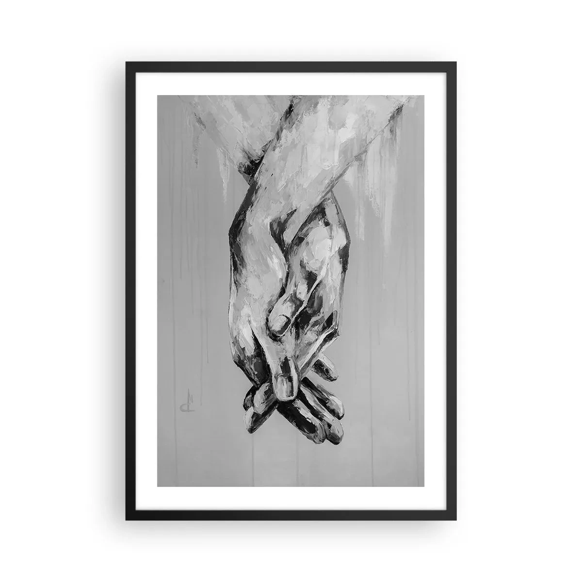Póster en marco negro - Una imagen monocromática de manos juntas sobre un fondo gris. - 50x70cm - El comienzo... - Decoración de pared moderna para salón y dormitorio ARTTOR