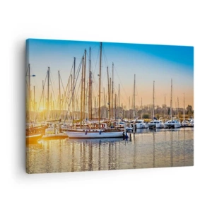 Cuadro sobre lienzo - Impresión de Imagen - Puesta de sol sobre un puerto deportivo lleno de veleros - 70x50cm - El viento debe dormir también - Decoración de pared moderna para salón y dormitorio ARTTOR