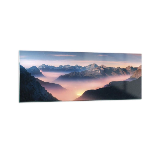 Cuadro sobre vidrio - Impresiones sobre Vidrio - Un paisaje de montaña con un valle lleno de niebla. - 140x50cm - Luz en los valles - Decoración de pared moderna para salón y dormitorio ARTTOR