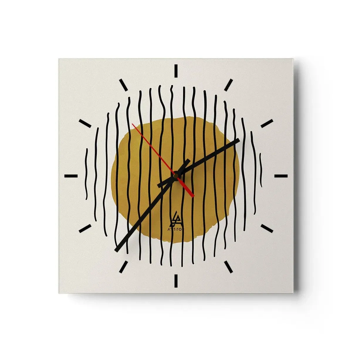 Reloj de pared - Reloj de vidrio - Un motivo minimalista con un círculo amarillo y líneas negras. - 30x30cm - Abstracción cálida - Decoración de pared moderna para salón y dormitorio ARTTOR
