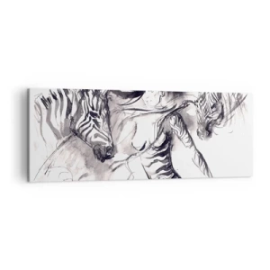 Cuadro sobre lienzo - Impresión de Imagen - Una mujer en una danza dinámica con cebras en una estética en blanco y negro. - 140x50cm - Bailando con las cebras - Decoración de pared moderna para salón y dormitorio ARTTOR