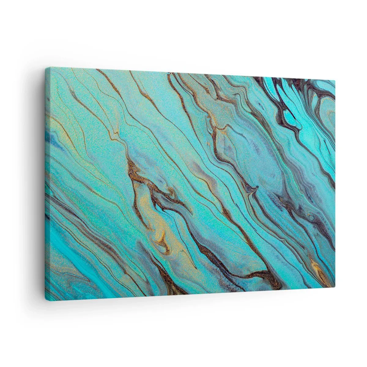 Cuadro sobre lienzo - Impresión de Imagen - Ondas abstractas en tonos turquesa y dorado - 70x50cm - Marea turquesa - Decoración de pared moderna para salón y dormitorio ARTTOR
