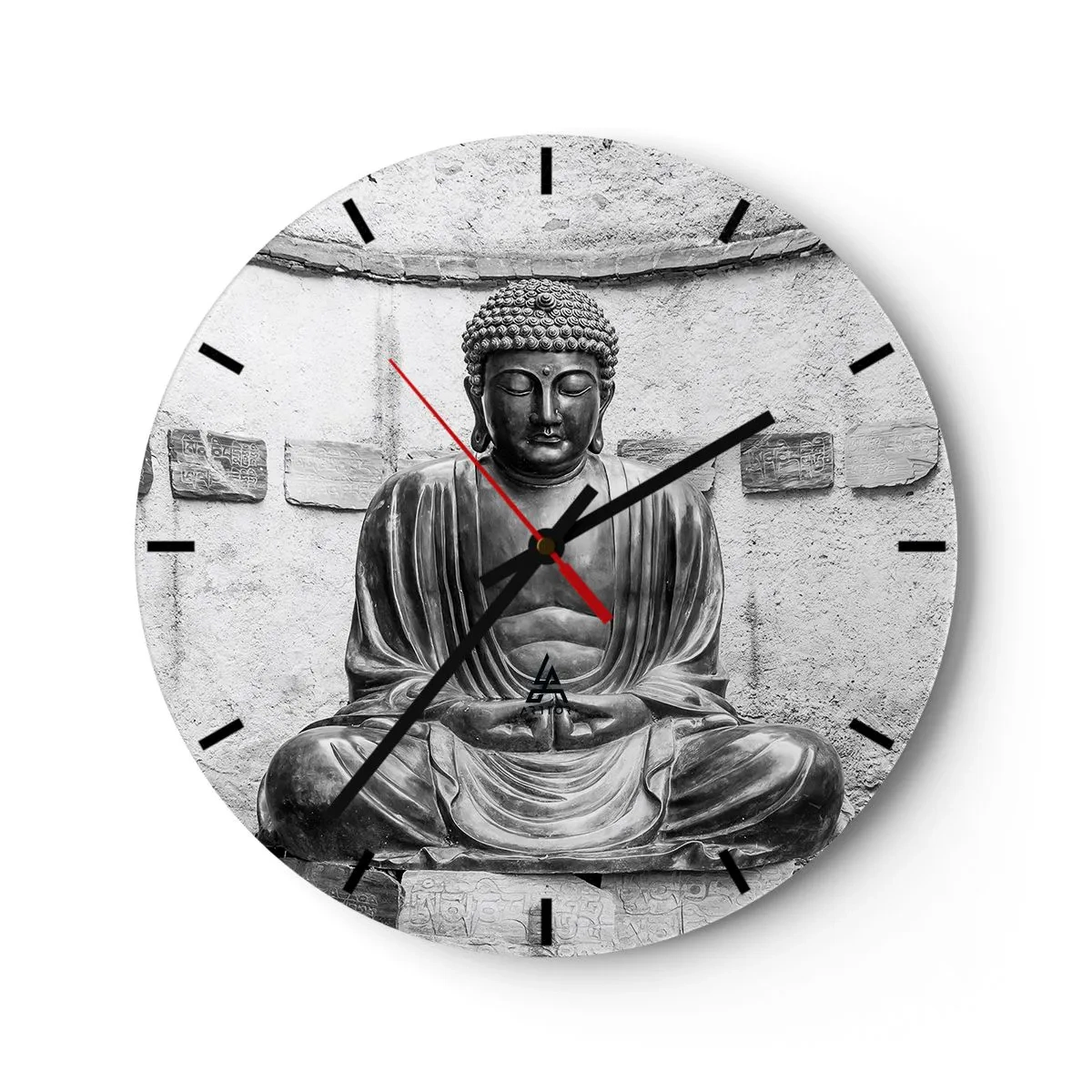 Reloj de pared - Reloj de vidrio - Una estatua de Buda en estilo monocromático sobre un fondo de pared. - 30x30cm - En la fuente de la paz - Decoración de pared moderna para salón, cocina y dormitorio ARTTOR