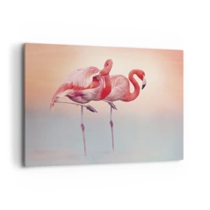 Cuadro sobre lienzo - Impresión de Imagen - Flamencos en delicados colores pastel sobre un fondo de agua. - 100x70cm - Elegancia bajo el sol de poniente - Decoración de pared moderna para salón y dormitorio ARTTOR