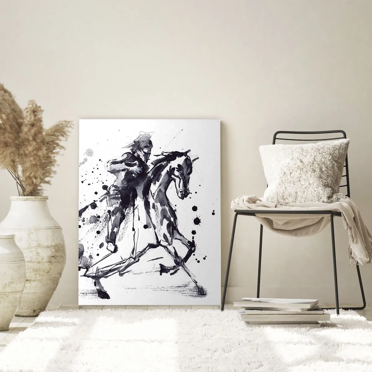 Cuadro sobre vidrio - Impresiones sobre Vidrio - Acuarela en blanco y negro de un jinete sobre un caballo al galope. - 80x120cm - Caballero negro - Decoración de pared moderna para salón y dormitorio ARTTOR