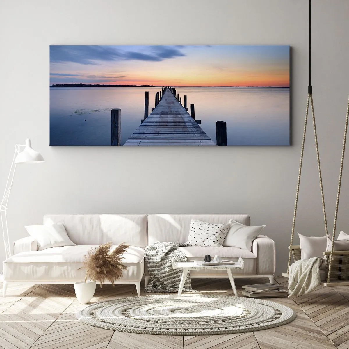Cuadro sobre lienzo - Impresión de Imagen - Muelle de madera en el lago al atardecer - 120x50cm - La calma de un crepúsculo sereno - Decoración de pared moderna para salón y dormitorio ARTTOR