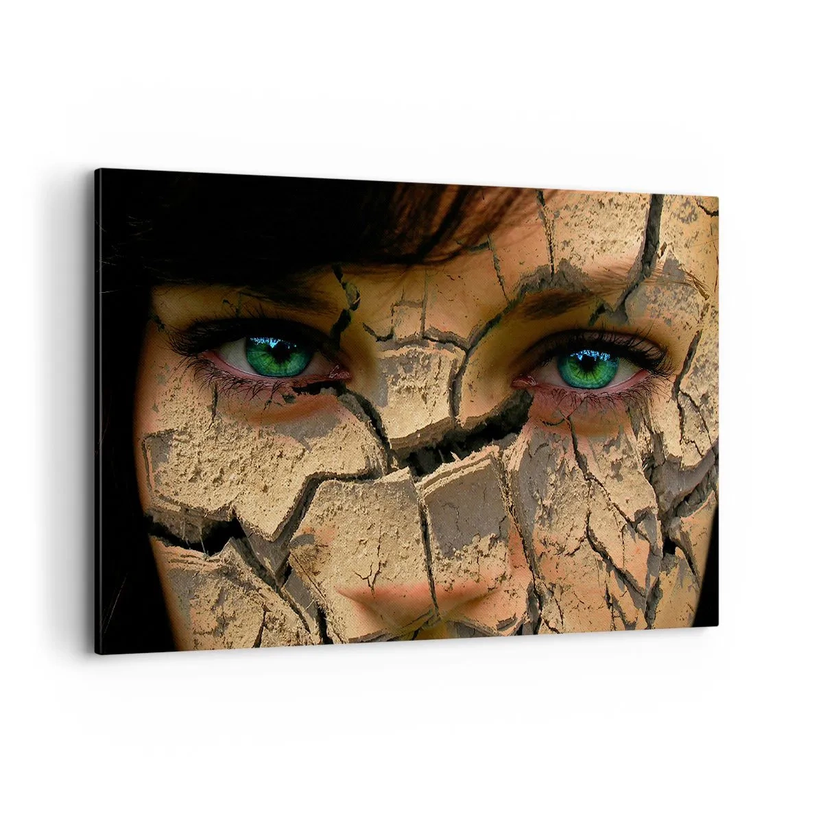 Cuadro sobre lienzo - Impresión de Imagen - El rostro de una mujer de ojos verdes cubierto con una estructura de tierra agrietada. - 100x70cm - Deleite y asombro - Decoración de pared moderna para salón y dormitorio ARTTOR