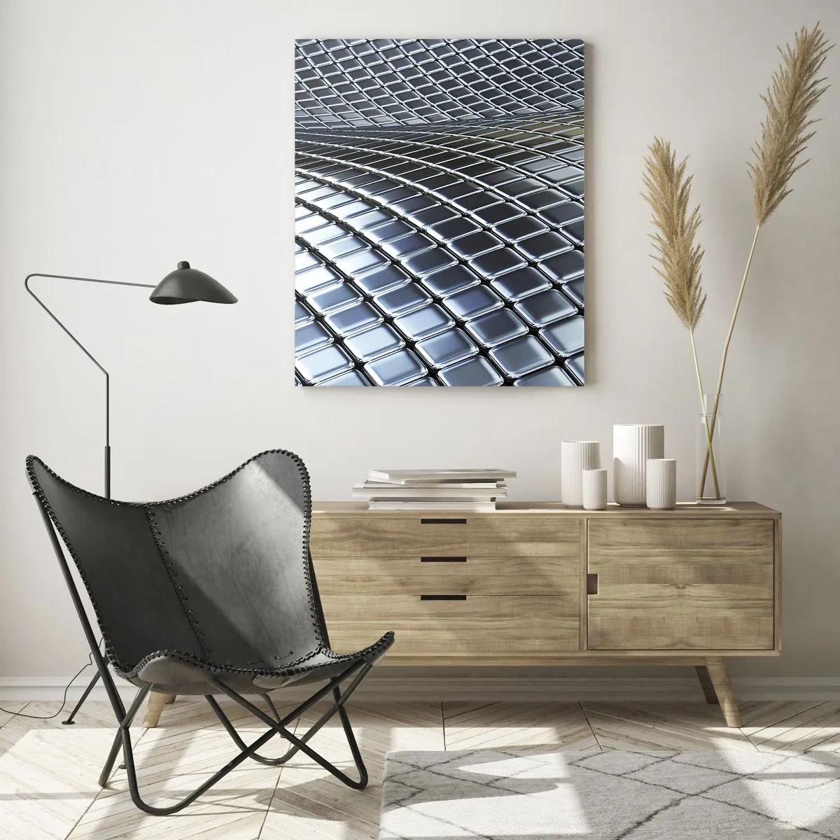 Cuadro sobre vidrio - Impresiones sobre Vidrio - Estructura moderna de cuadrados metálicos. - 70x100cm - Ola de plata - Decoración de pared moderna para salón y dormitorio ARTTOR