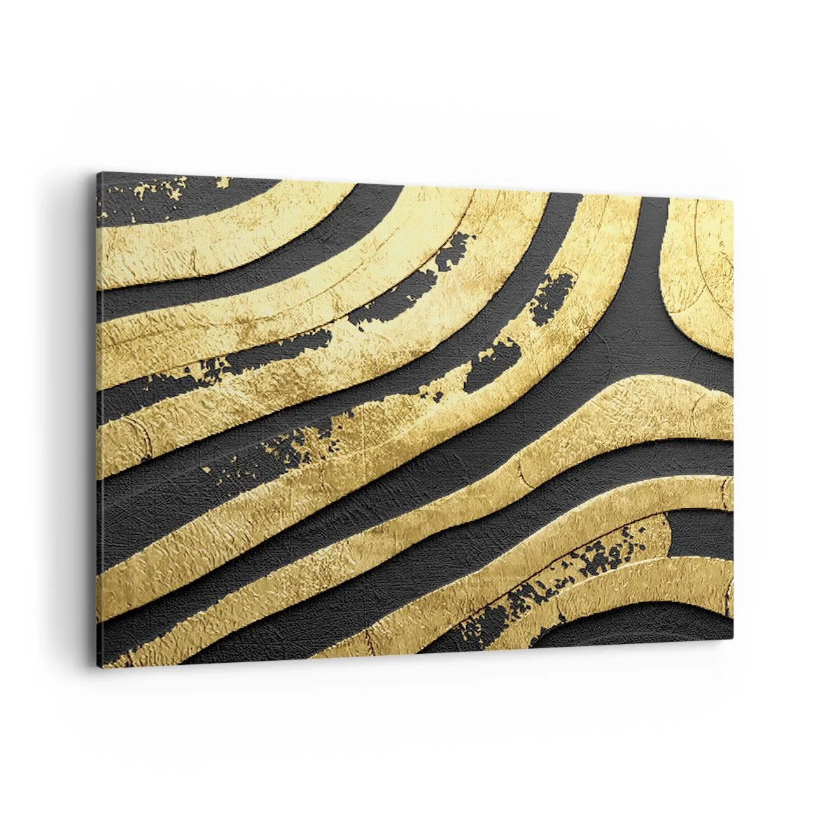 Cuadro sobre lienzo - Impresión de Imagen - Ondas abstractas doradas sobre un fondo negro - 100x70cm - Todo fluye - Decoración de pared moderna para salón y dormitorio ARTTOR