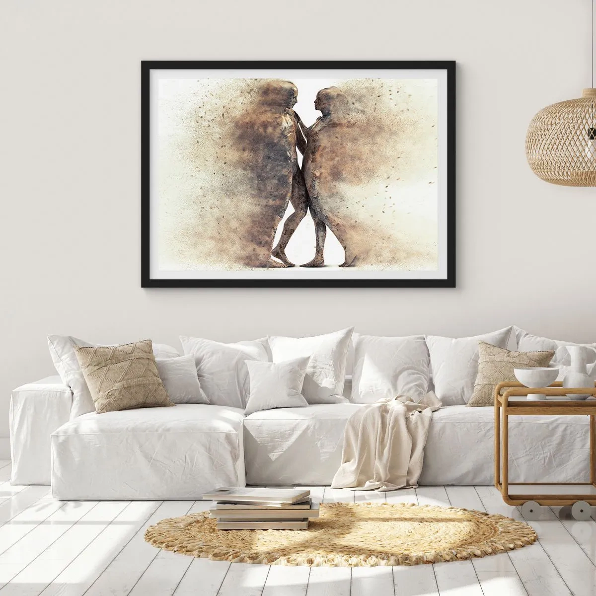 Póster en marco negro - Un dúo abstracto de siluetas en tonos arena. - 70x50cm - Del polvo resurgieron para amar - Decoración de pared moderna para salón y dormitorio ARTTOR