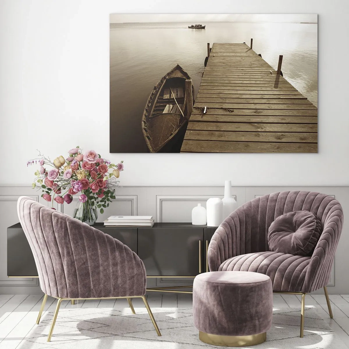 Cuadro sobre vidrio - Impresiones sobre Vidrio - Un barco en un muelle en un lago tranquilo en sepia. - 70x50cm - La auténtica paz - Decoración de pared moderna para salón y dormitorio ARTTOR
