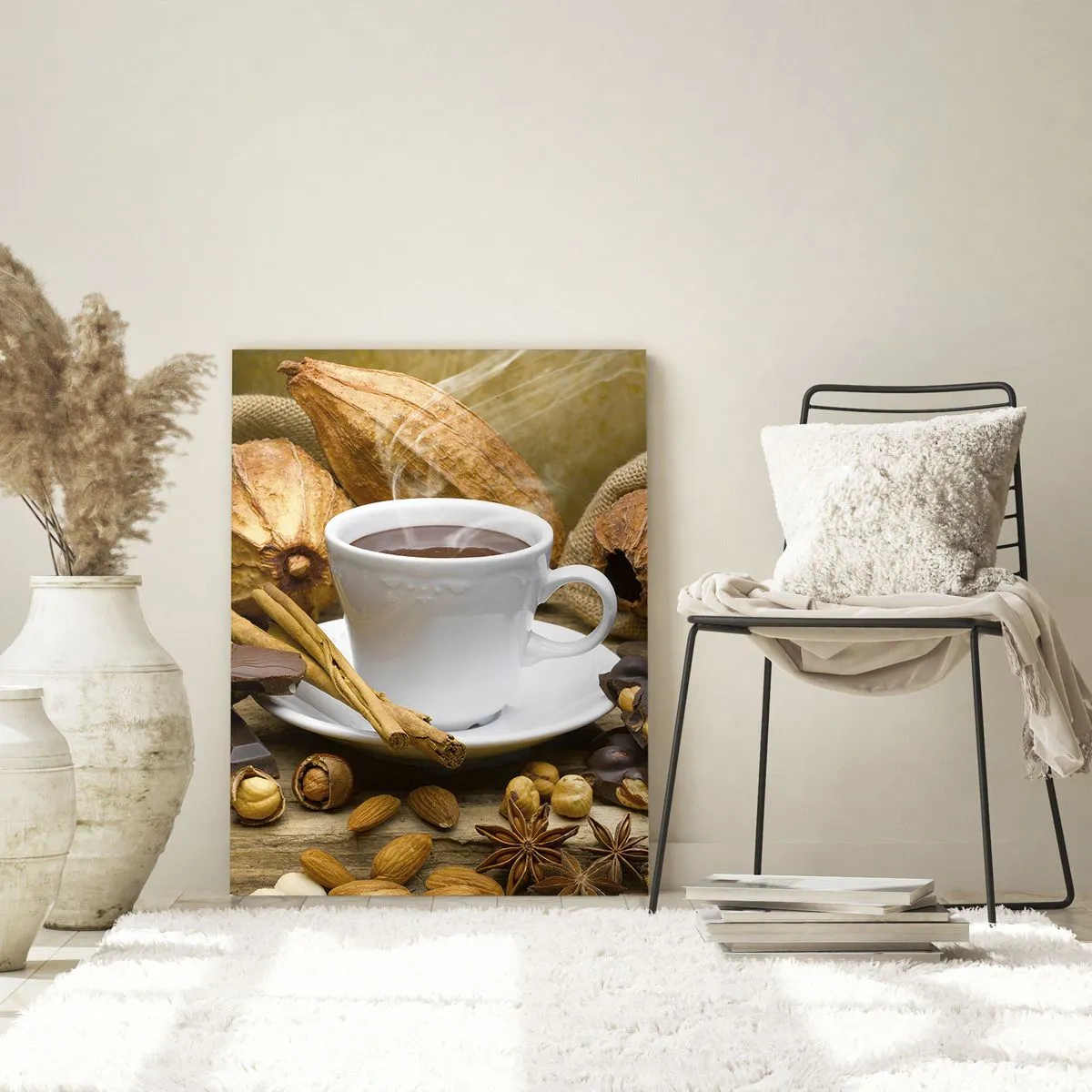 Cuadro sobre vidrio - Impresiones sobre Vidrio - Una taza de chocolate caliente rodeada de cacao y canela. - 70x100cm - Para los que buscan emociones - Decoración de pared moderna para salón y dormitorio ARTTOR