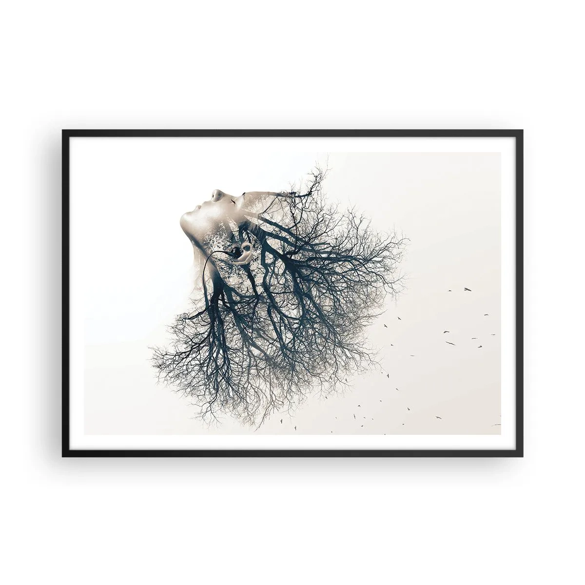 Póster en marco negro - Silueta creativa de una mujer y árboles. - 100x70cm - Escuchando el susurro de un árbol - Decoración de pared moderna para salón y dormitorio ARTTOR