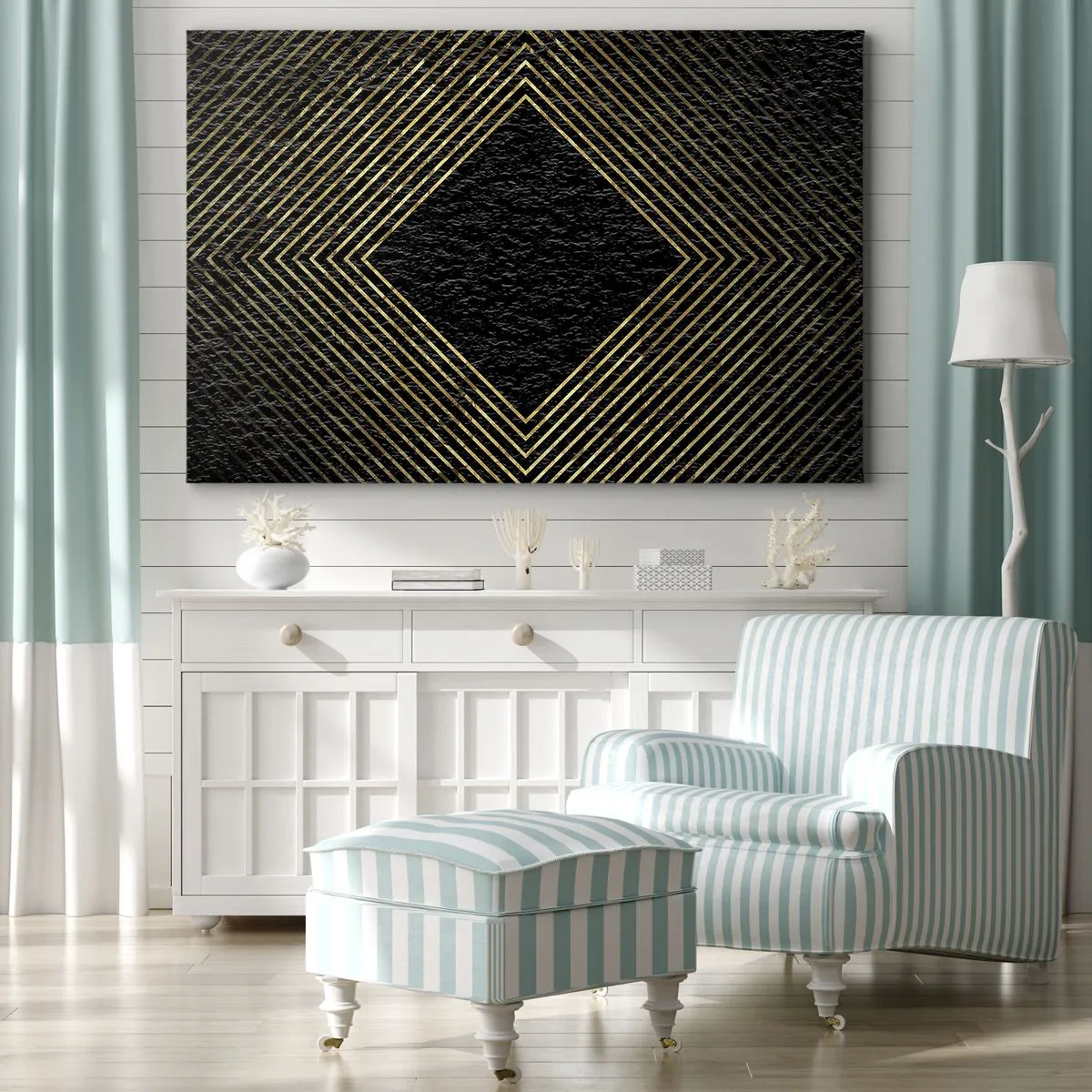 Cuadro sobre lienzo - Impresión de Imagen - Fondo negro con un patrón geométrico de líneas doradas. - 70x50cm - Geometría al estilo glamour - Decoración de pared moderna para salón y dormitorio ARTTOR