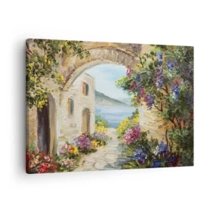 Cuadro sobre lienzo - Impresión de Imagen - Paisaje costero con edificios de piedra y flores. - 70x50cm - El encanto del paisaje costero - Decoración de pared moderna para salón y dormitorio ARTTOR