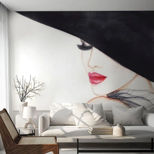 Fotomural personalizado Standard Eco - Elegancia y sensualidad - Mujer, labios rojos, Sombrero negro