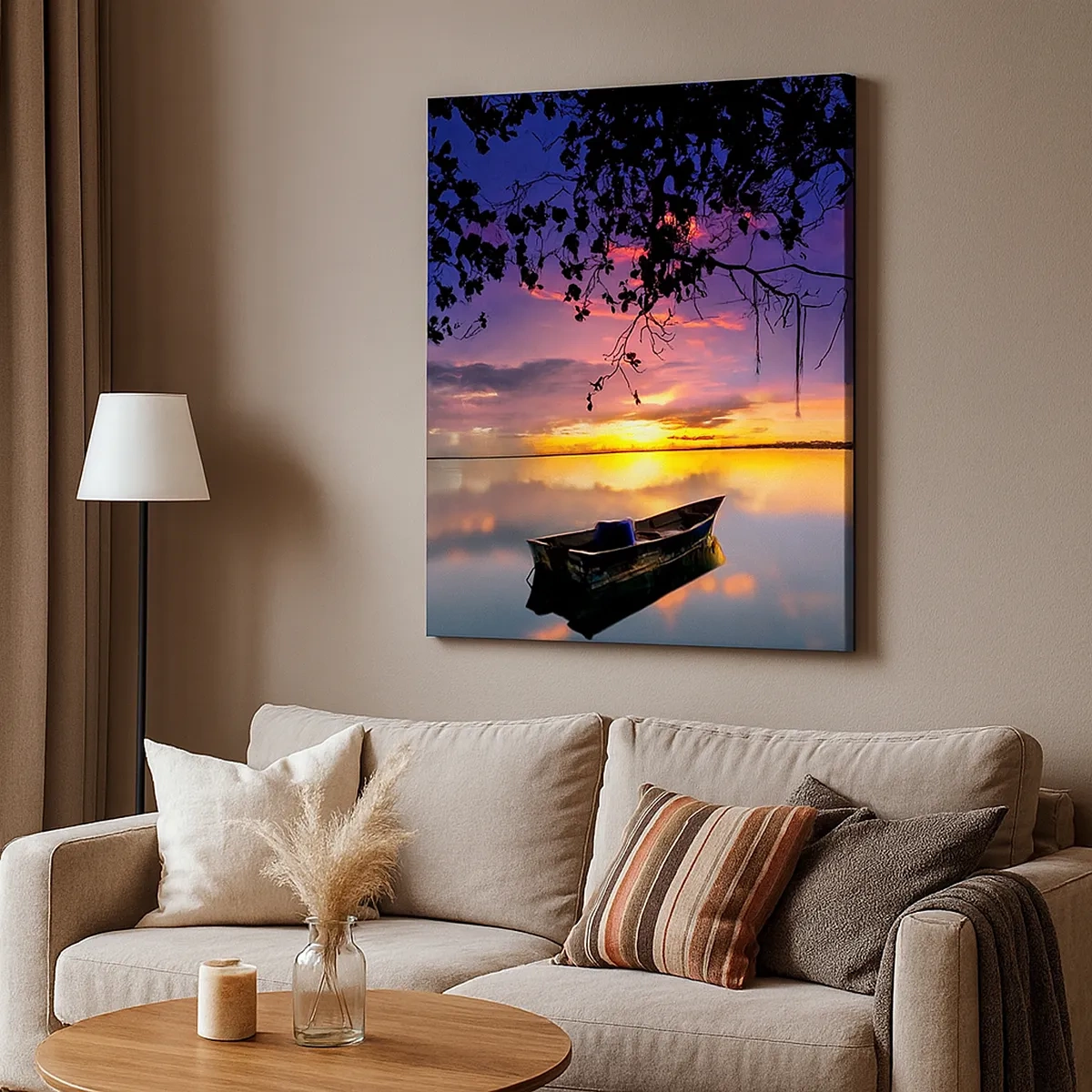 Cuadro sobre lienzo - Impresión de Imagen - Un barco en aguas tranquilas al atardecer. - 50x70cm - Un cielo de ensueño - Decoración de pared moderna para salón y dormitorio ARTTOR
