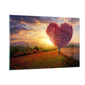 Cuadro sobre vidrio - Impresiones sobre Vidrio - Un árbol en forma de corazón en un campo al atardecer. - 120x80cm - Te atrapa el corazón - Decoración de pared moderna para salón y dormitorio ARTTOR