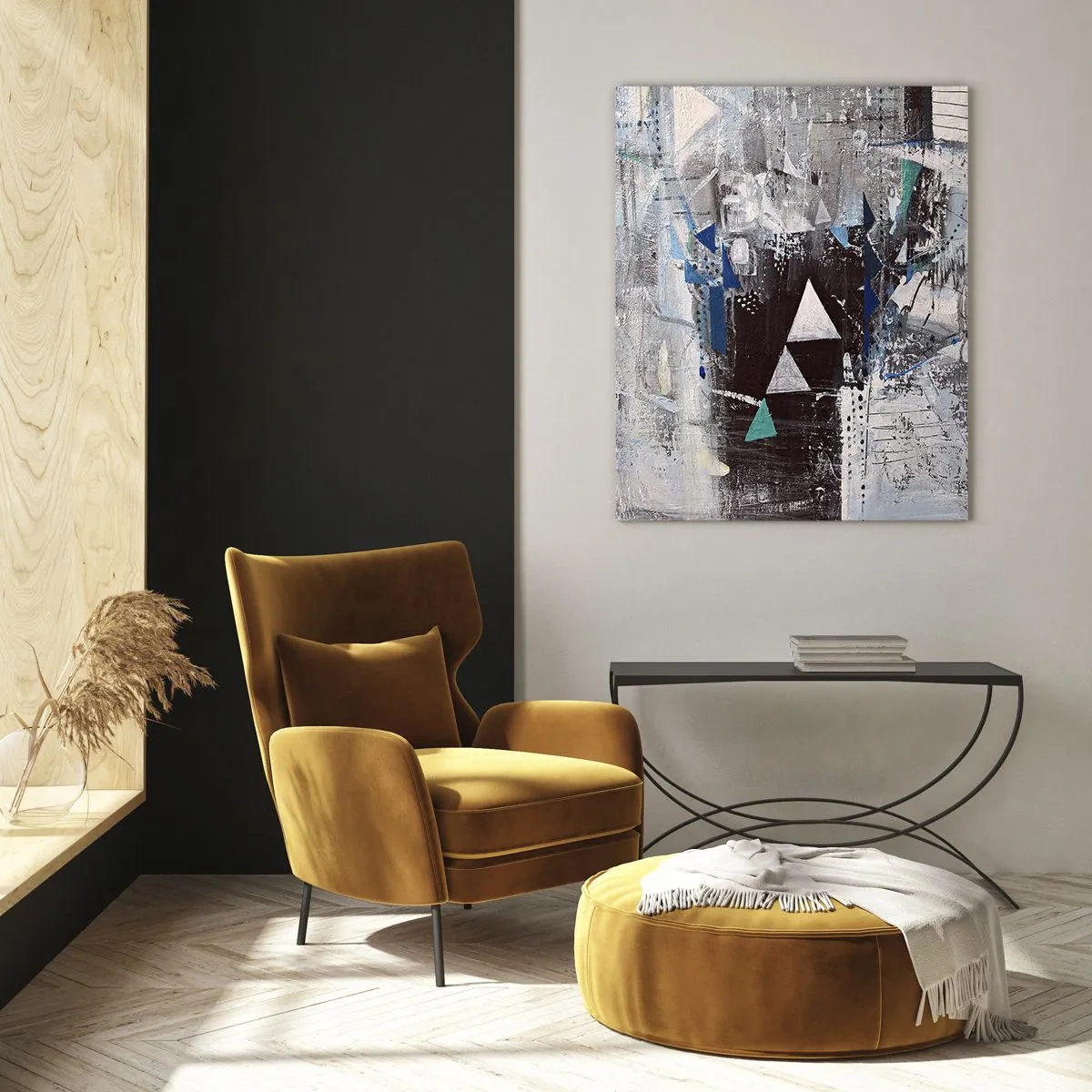 Cuadro sobre vidrio - Impresiones sobre Vidrio - Triángulos geométricos sobre el fondo de una composición abstracta en tonos de gris. - 50x70cm - El orden superior de los triángulos - Decoración de pared moderna para salón y dormitorio ARTTOR