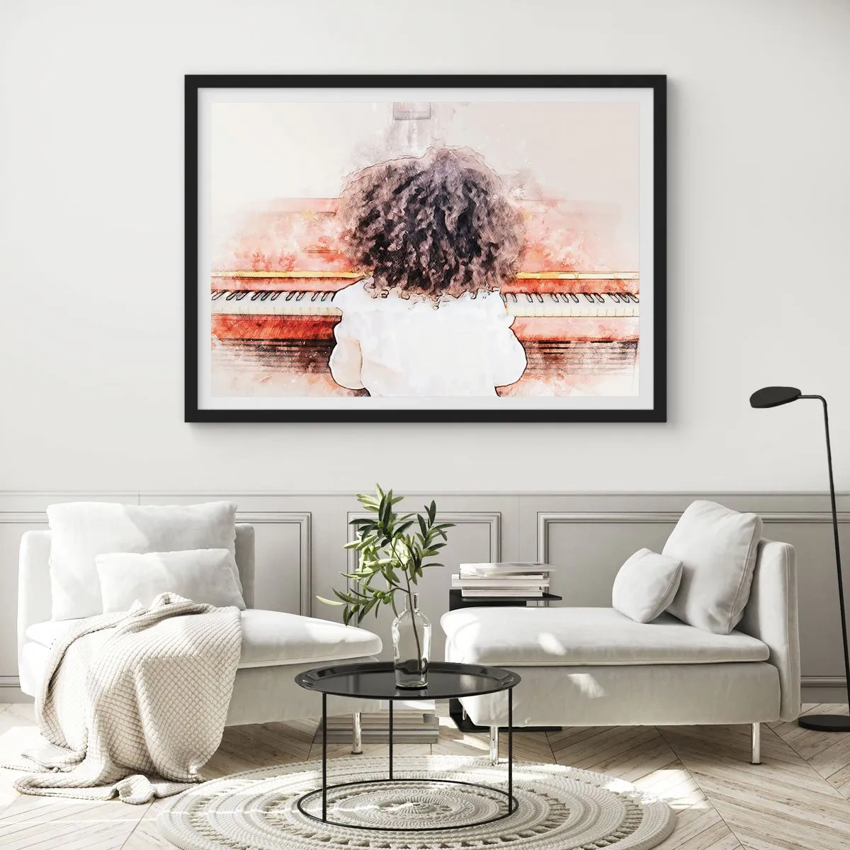 Póster en marco negro - Una chica con cabello tupido al piano - 70x50cm - Descubriendo un mundo nuevo - Decoración de pared moderna para salón y dormitorio ARTTOR