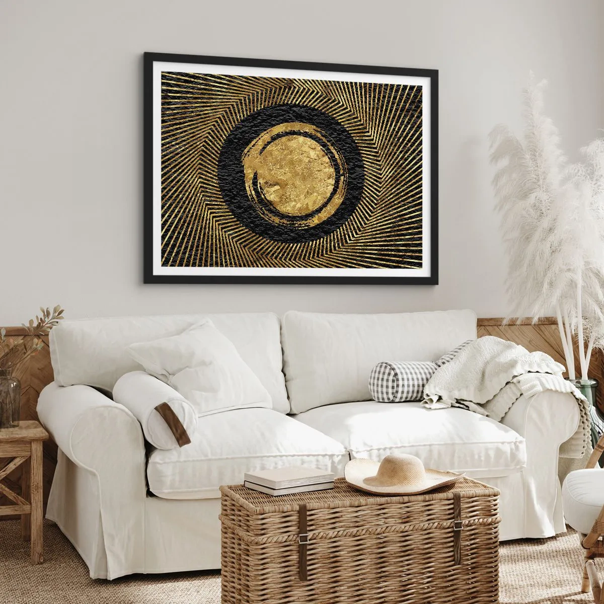 Póster en marco negro - Composición geométrica en negro y dorado con rayos. - 70x50cm - Composición glamour - Decoración de pared moderna para salón y dormitorio ARTTOR