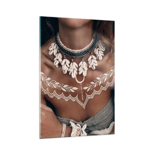 Cuadro sobre vidrio - Impresiones sobre Vidrio - Estilo boho con joyas de conchas y patrón de encaje. - 80x120cm - Talismanes, rituales de feminidad - Decoración de pared moderna para salón y dormitorio ARTTOR