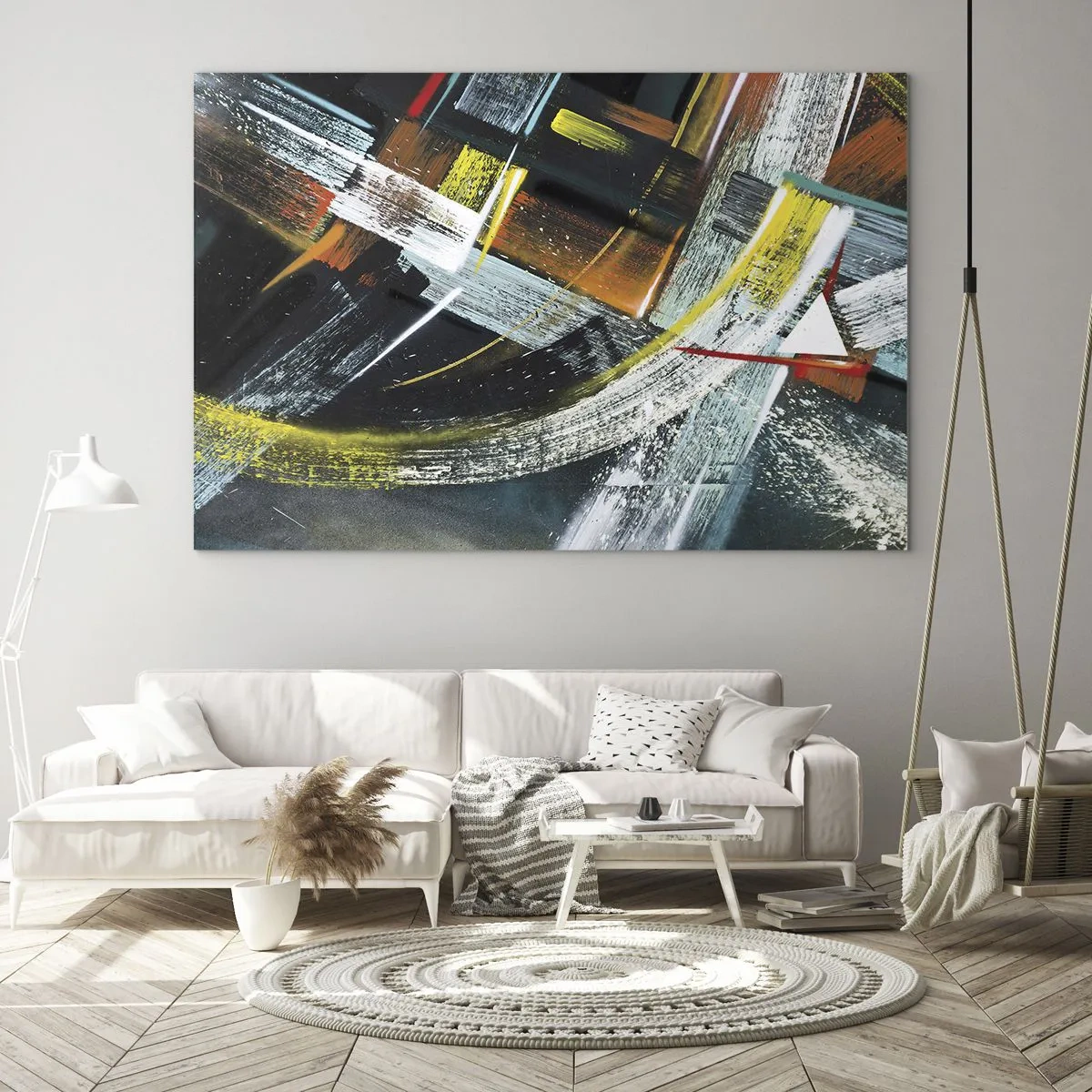 Cuadro sobre vidrio - Impresiones sobre Vidrio - Abstracción dinámica con pinceladas coloridas - 70x50cm - La energía del movimiento - Decoración de pared moderna para salón y dormitorio ARTTOR
