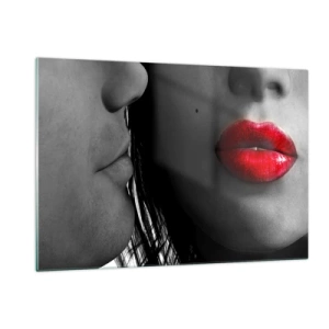 Cuadro sobre vidrio - Impresiones sobre Vidrio - Labios sensuales en una toma contrastante - 120x80cm - Cara a cara  - Decoración de pared moderna para salón y dormitorio ARTTOR