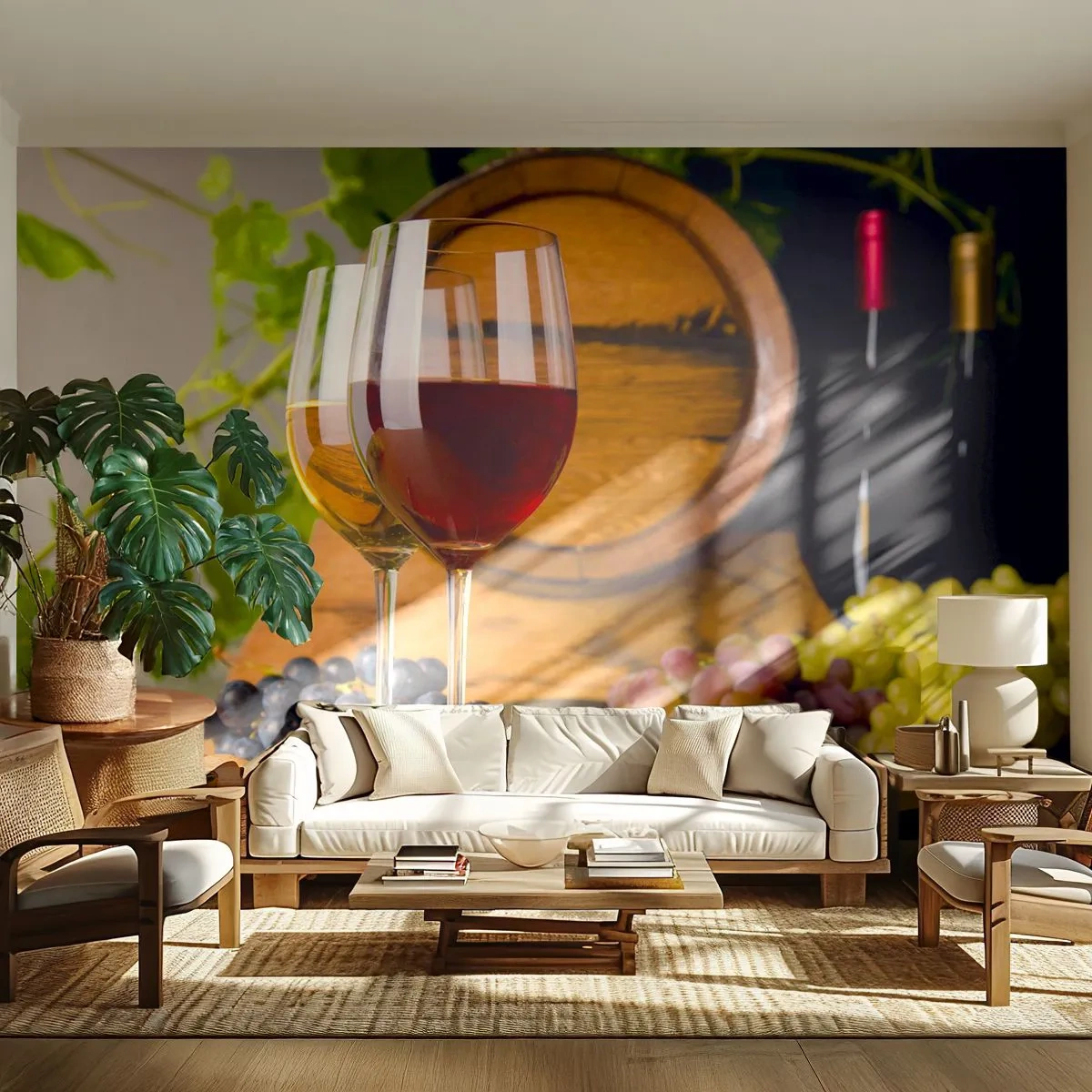 Fotomural Premium Canvas - Como los Vintages maestros - Barril de vino, Uva, Una copa de vino - 250x175 cm