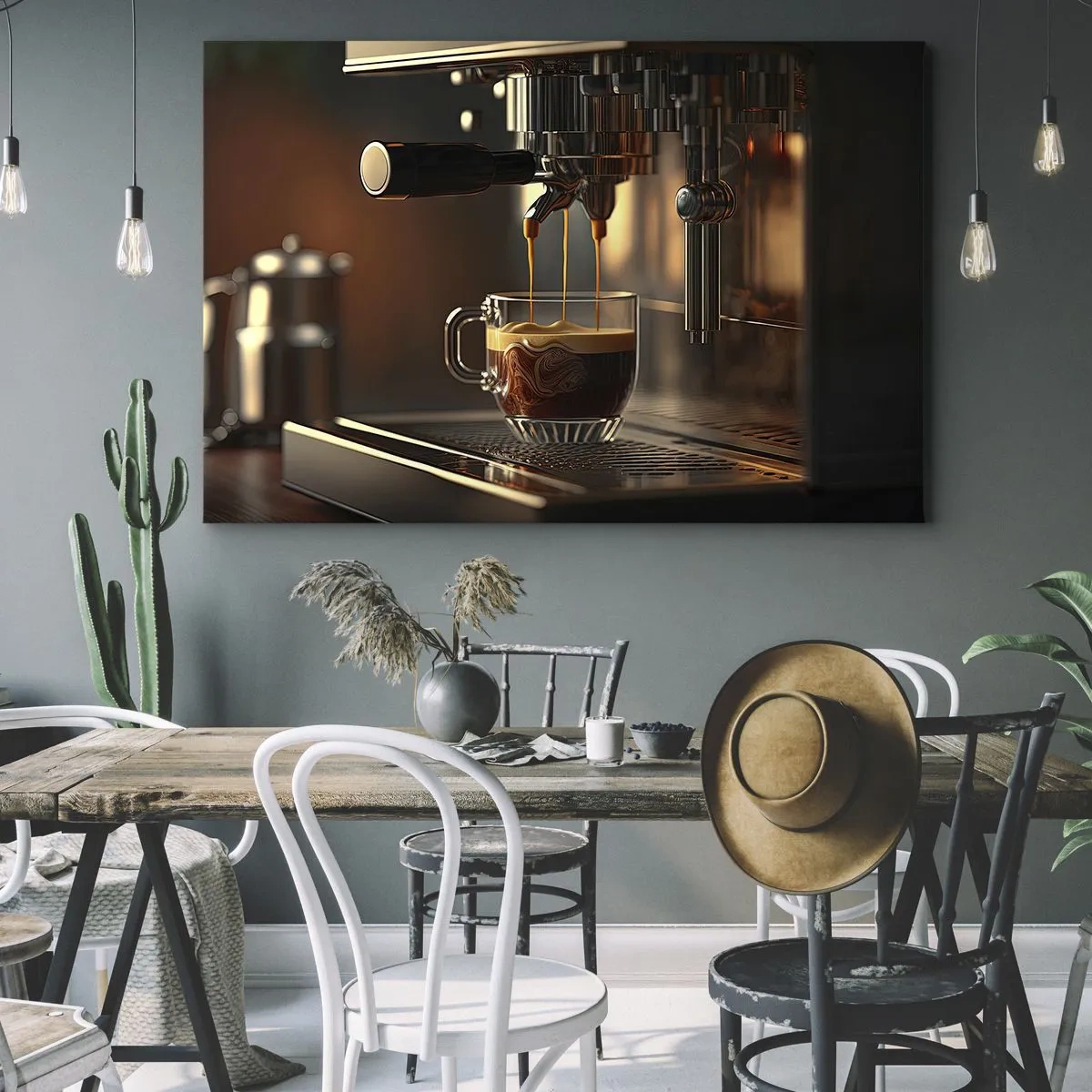 Cuadro sobre lienzo - Impresión de Imagen - Cafetera con una taza de espresso aromático. - 70x50cm - Un brebaje sensual - Decoración de pared moderna para salón y dormitorio ARTTOR