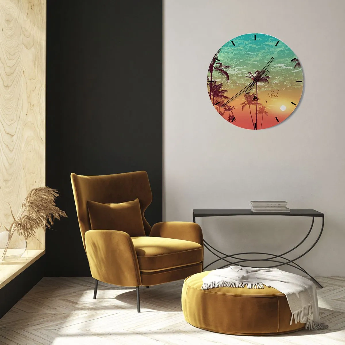 Reloj de pared - Reloj de vidrio - Palmeras contra el cielo en tonos de puesta de sol. - 30x30cm - Ambientes tropicales - Decoración de pared moderna para salón, cocina y dormitorio ARTTOR