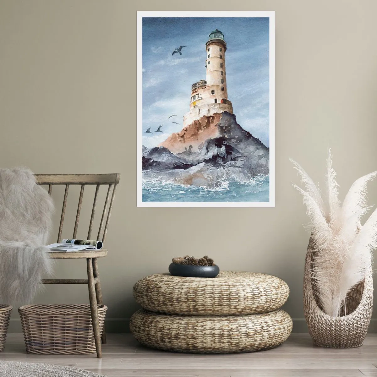 Póster - Una pintura de acuarela de un faro en una costa rocosa. - 50x70cm - Invencible - Decoración de pared moderna para salón y dormitorio ARTTOR